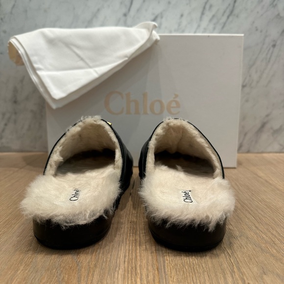 Chloé Marcie Shearling Black Leather Clogs with Gold Accent - Picture 6 of 13